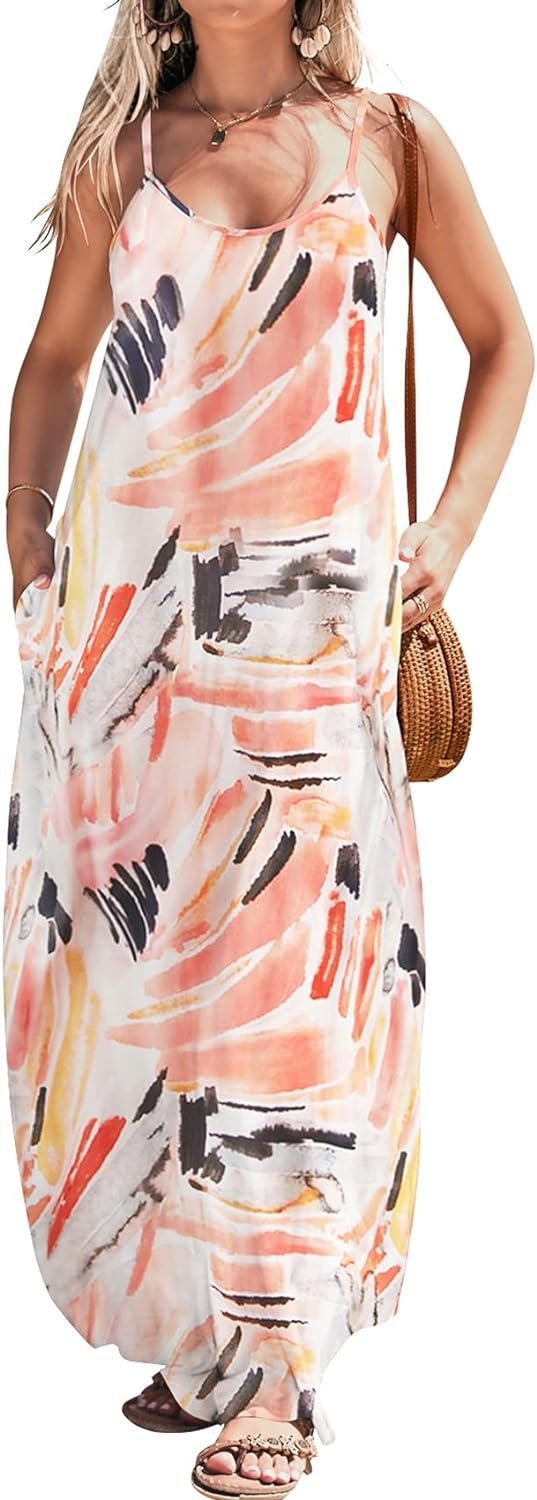 Women Summer Casual Bohemian Maxi Dress V-Neck Sleeveless Flowy Boho Floral Beach Long Dress with Pockets