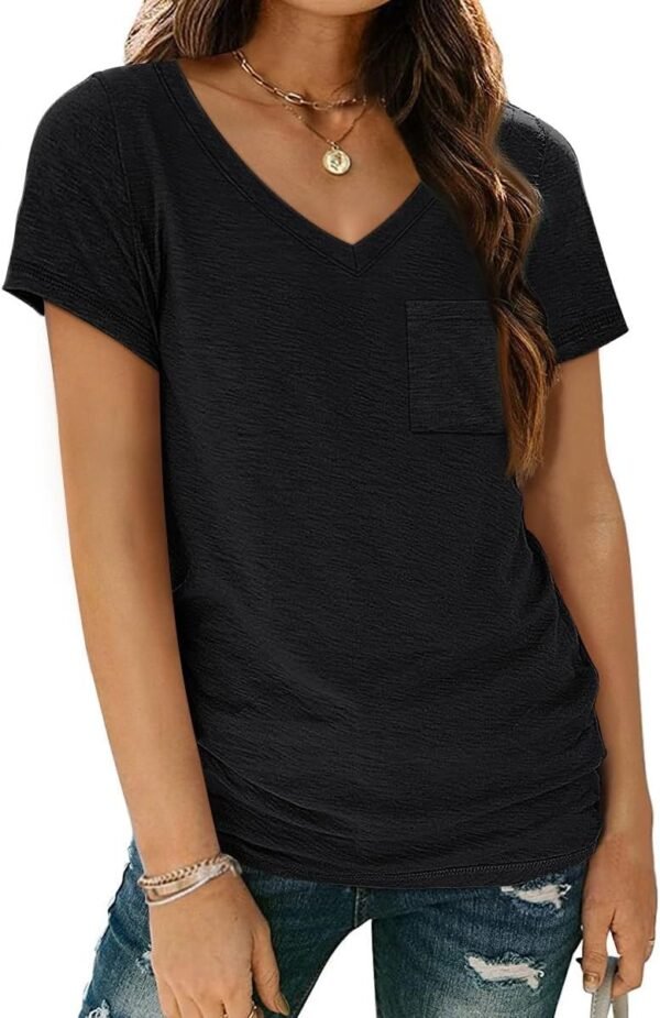 Womens T Shirts Short Sleeve V Neck Tops with Pockets Summer Fashion Trendy Soft Casual Comfy Outfits Clothes 2024