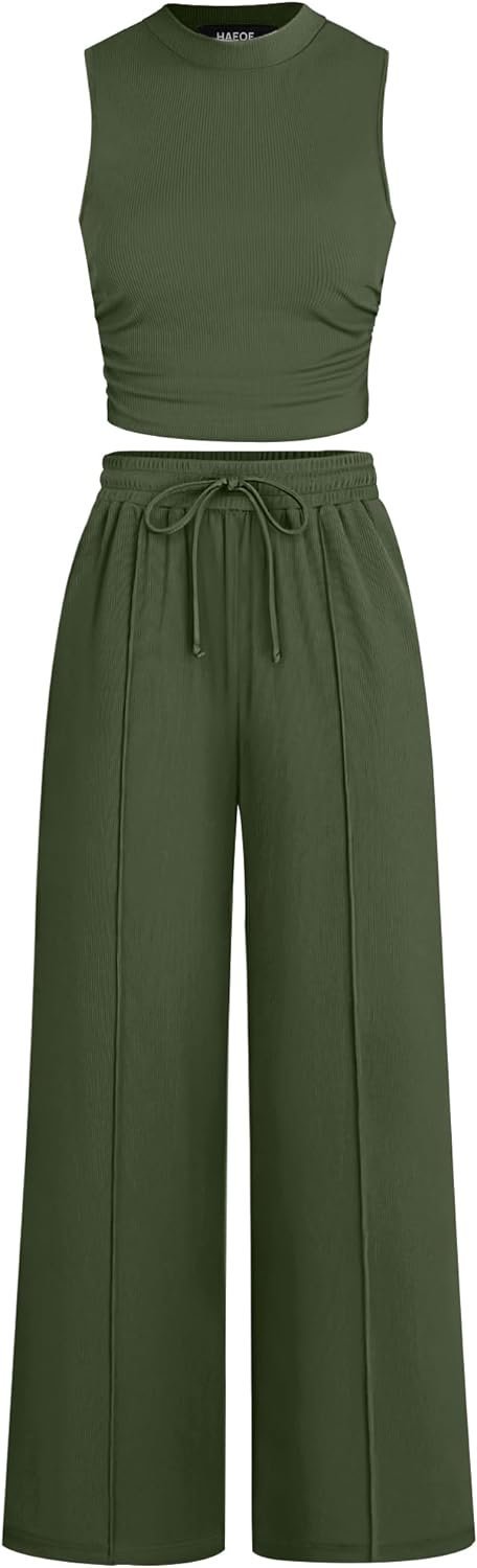 Women's 2024 Lounge Sets 2 Piece Summer Outfits Ribbed Crop Tank Tops Elastic High Waist Wide Leg Pants Matching Set