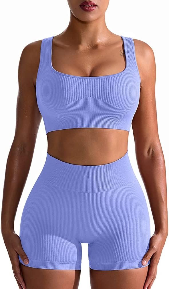 Workout Outfits for Women 2 Piece Seamless Ribbed High Waist Leggings with Sports Bra Exercise Set…
