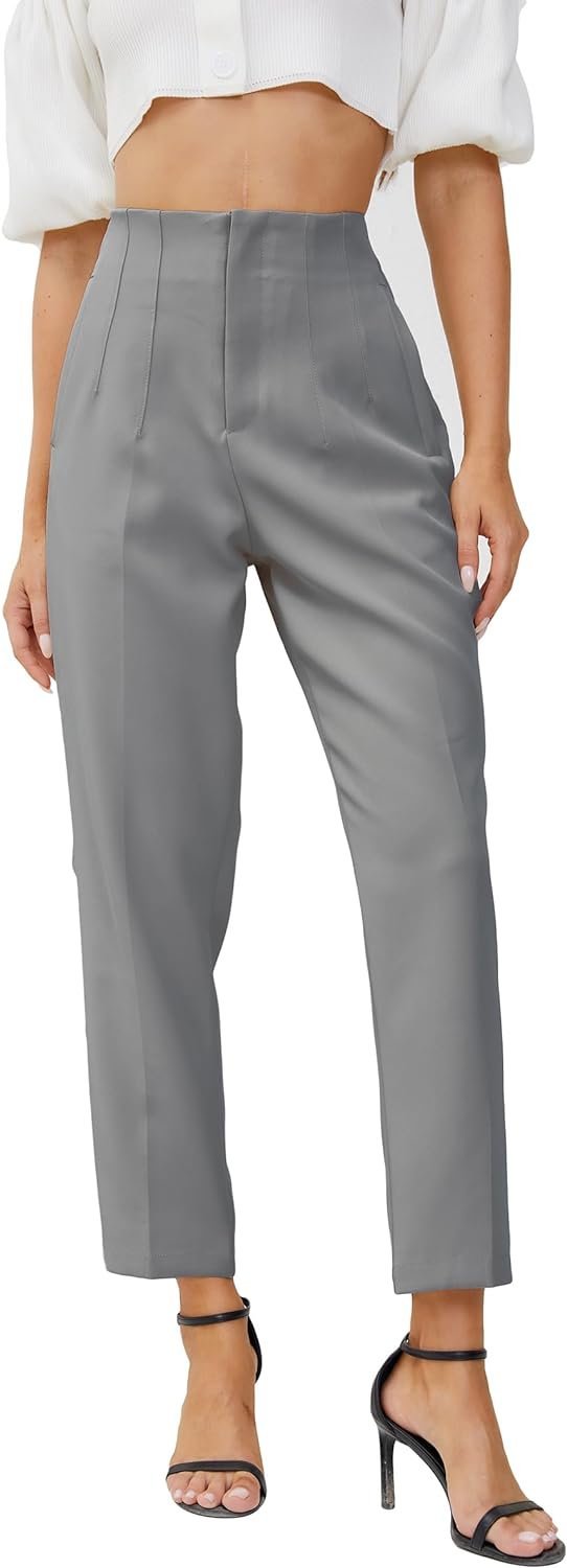 Women's High Waisted Business Trousers Straight Leg Pleated Office Slacks Pants