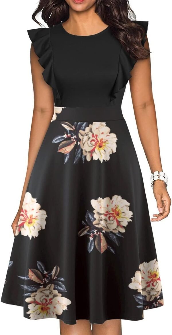 Women's Vintage Ruffle Floral Flared A Line Swing Casual Cocktail Party Dresses