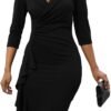 Women's Sexy V Neck 3/4 Sleeve Vintage Warp Ruffle Ruched Bodycon Cocktail Party Midi Dress