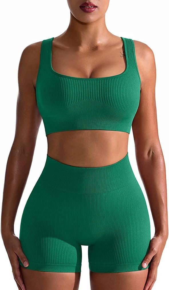 Workout Outfits for Women 2 Piece Seamless Ribbed High Waist Leggings with Sports Bra Exercise Set…
