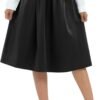 Women's Casual Elastic Waist Vintage A-Line Pleated Flared Midi Skirt with Pockets