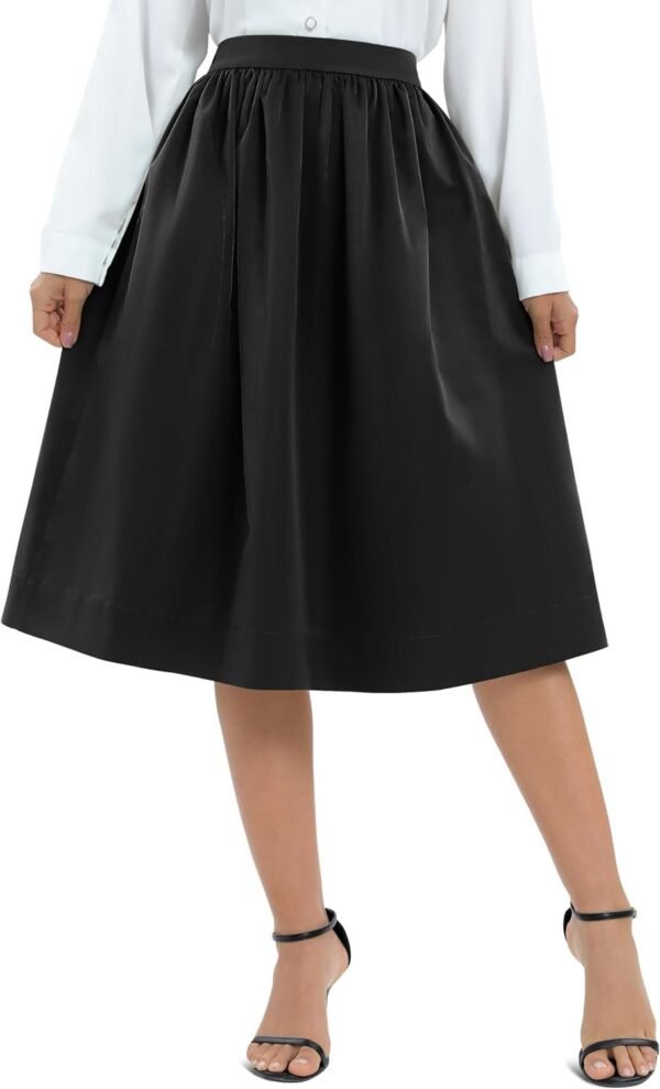 Women's Casual Elastic Waist Vintage A-Line Pleated Flared Midi Skirt with Pockets