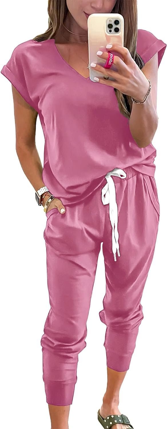 Womens V Neck Short Sleeve Top And Long Pants