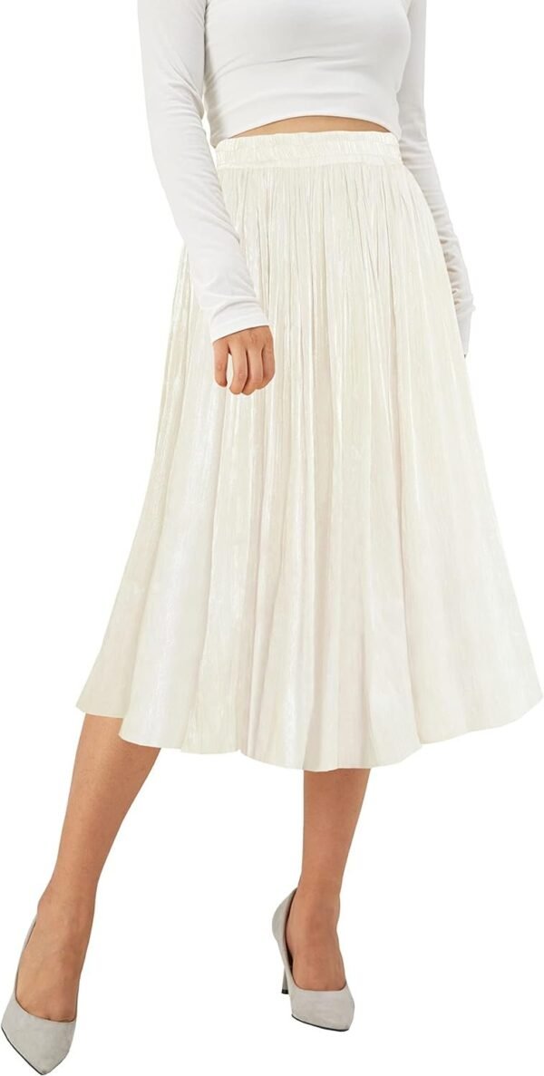 Women High Elastic Waist Pleated Midi Long Skirt Swing A-line Skirts