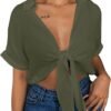 Womens Summer Short Sleeve Shirts V Neck Tie Knot Batwing Blouses Tops