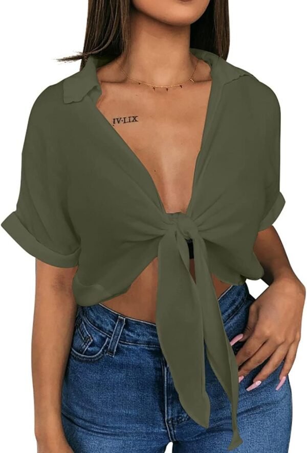 Womens Summer Short Sleeve Shirts V Neck Tie Knot Batwing Blouses Tops