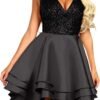 Women's Sequin Glitter V Neck Skater Mini Club Cocktail Party Swing Dress