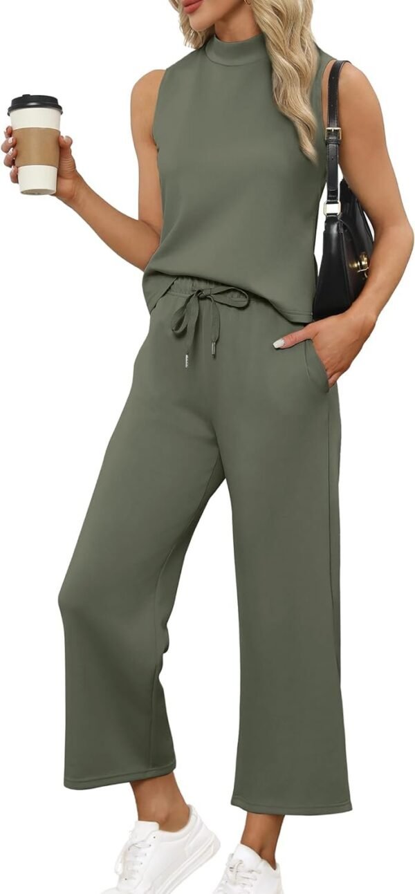 Two Piece Sets for Women Summer Outfits Lounge Sets Mock Neck Tops Wide Leg Crop Pants Vacation Travel Outfits