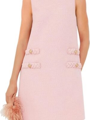 Women's Tweed Jackie Dress Crew Neck Sleeveless Elegant Vintage Button Bodycon A-line Mini Dresses