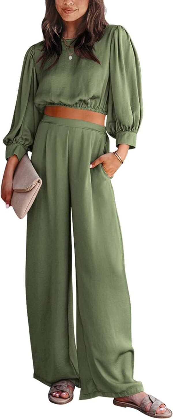 Women's 2 Piece Lounge Set Satin Outfits 2023 Spring Casual Long Puff Sleeve Crop Tops Loose Wide Long Palazzo Pants