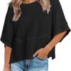 Womens Fashion T-Shirt CrewNeck 3/4 Sleeves Solid Color Loose Basic Pullover Tops Summer Casual Tees Blouses