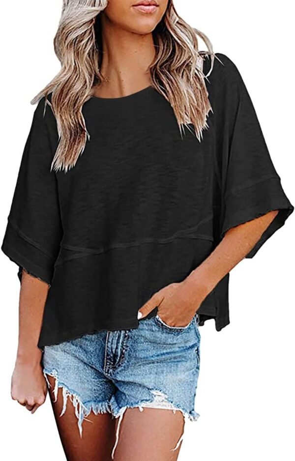 Womens Fashion T-Shirt CrewNeck 3/4 Sleeves Solid Color Loose Basic Pullover Tops Summer Casual Tees Blouses