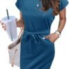 Women's Summer Striped Short Sleeve T Shirt Dress Casual Tie Waist with Pockets