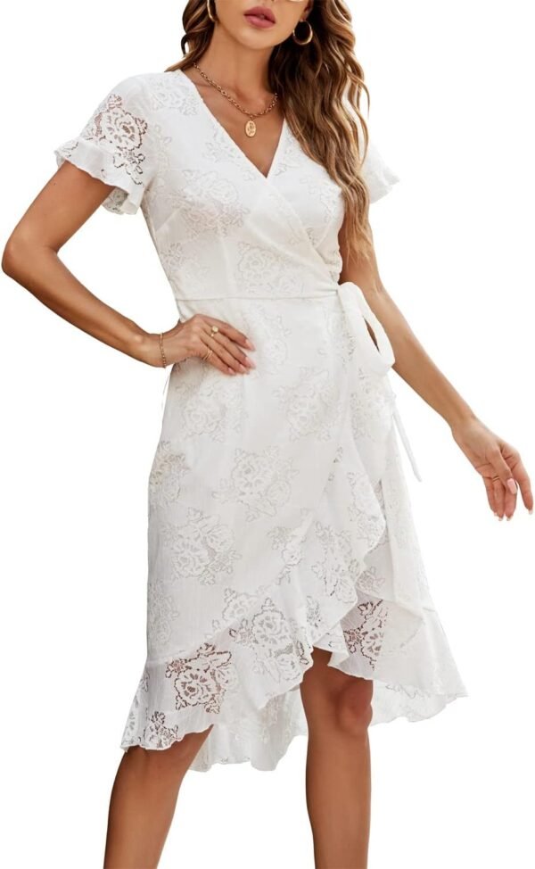 Women's Classic Floral Lace V Neck Wrap Dress Wedding Guest Ruffle Hem Split High Low Midi Cocktail Dresses 942