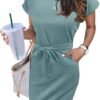 Women's Summer Striped Short Sleeve T Shirt Dress Casual Tie Waist with Pockets