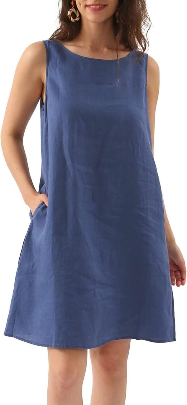 Women's Linen Sleeveless Shift Dress with Pockets Crew Neck Casual Tank Dress