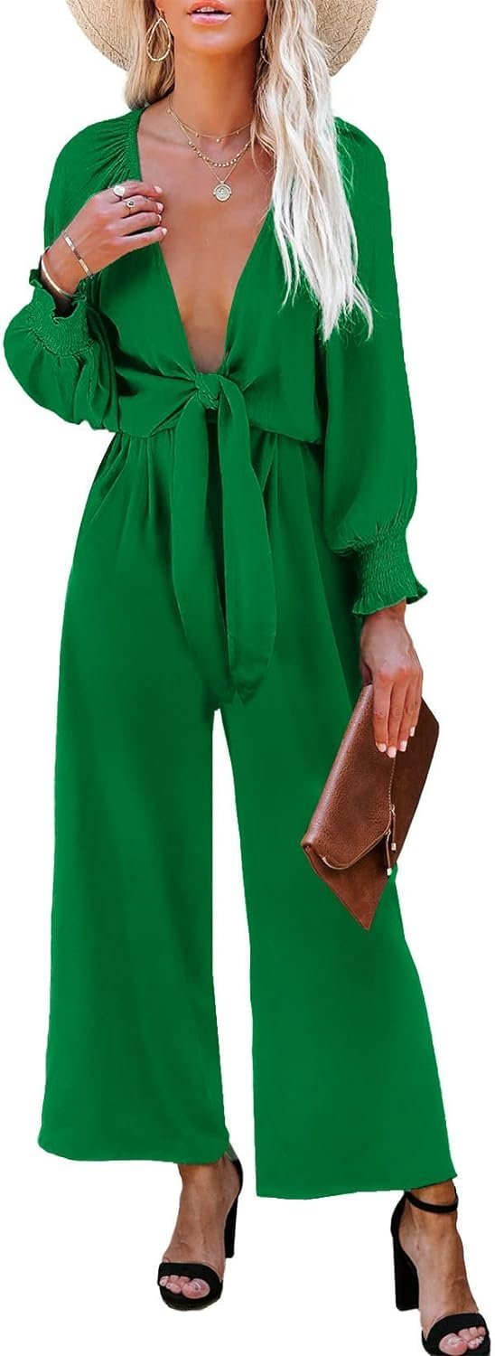 Rompers for Women Dressy Spring Summer Tie Knot Front Sexy V Neck Jumpsuits