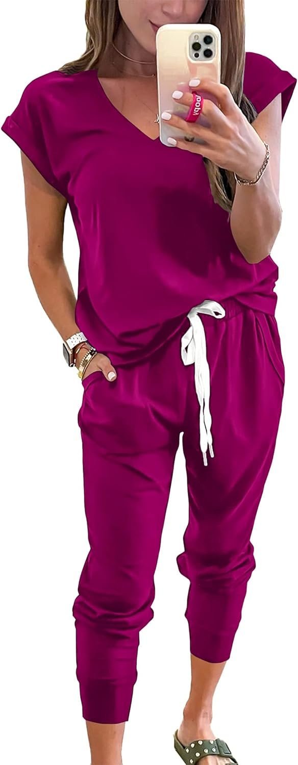 Womens V Neck Short Sleeve Top And Long Pants