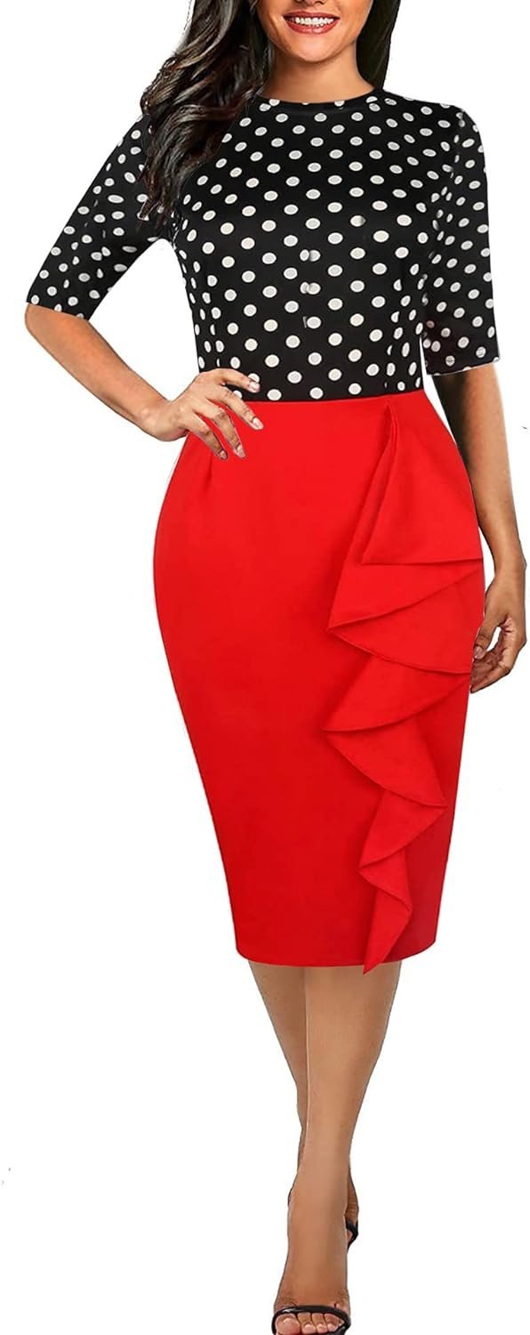 Women's Vintage Short Sleeve Polka Dot Falbala Fold Slim Fit Pencil Dress