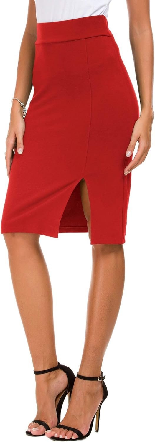 Women's Knee Length Stretch Pencil Skirt High Waisted Bodycon Midi Straight Skirt