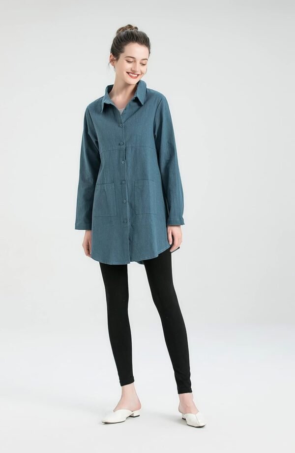 Women's Linen Shirts Button Down Long Tunic Tops Plus Size Blouse with Pockets