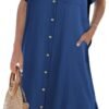 Womens Dress Summer Casual Short Sleeve Button Down Shirt Dress Beach Cover Up Dress with Pockets