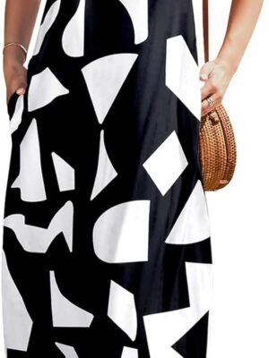 Women Summer Casual Bohemian Maxi Dress V-Neck Sleeveless Flowy Boho Floral Beach Long Dress with Pockets