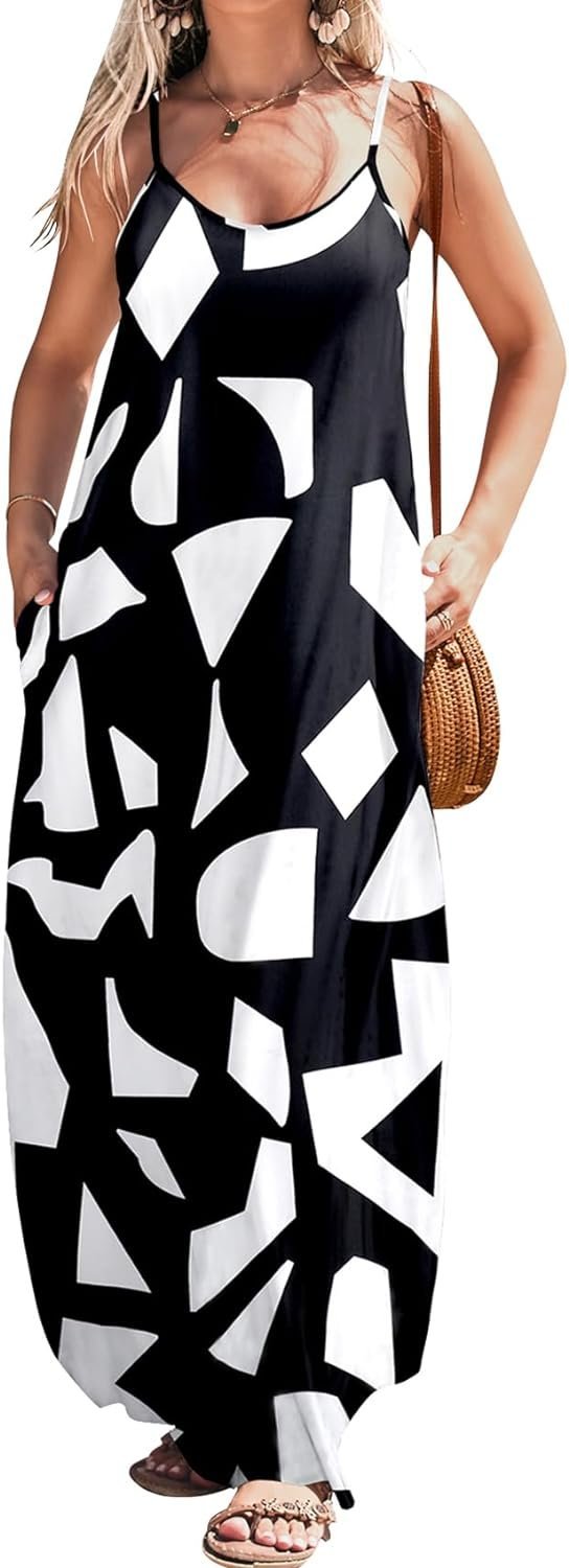 Women Summer Casual Bohemian Maxi Dress V-Neck Sleeveless Flowy Boho Floral Beach Long Dress with Pockets