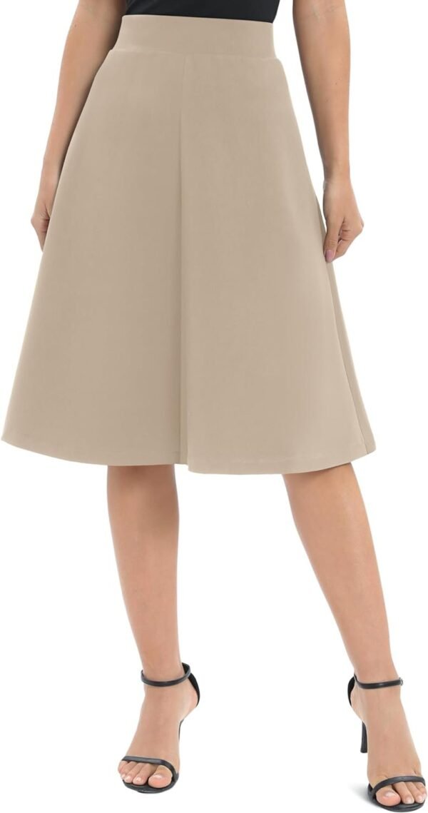 Women's A-Line Elastic High Waist Flare Work Midi Knee Length Stretchy Skirt