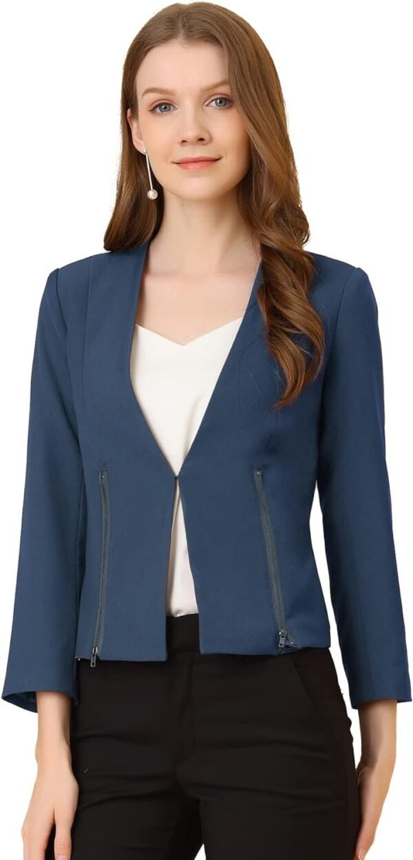 Women's Crop Collarless Blazers Suit Zip Decor Work Office Jackets Blazer