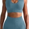 Workout Outfits for Women 2 Piece Seamless Ribbed High Waist Leggings with Sports Bra Exercise Set…