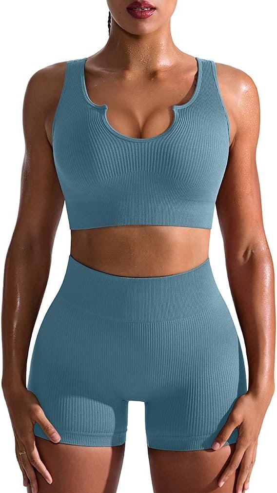 Workout Outfits for Women 2 Piece Seamless Ribbed High Waist Leggings with Sports Bra Exercise Set…