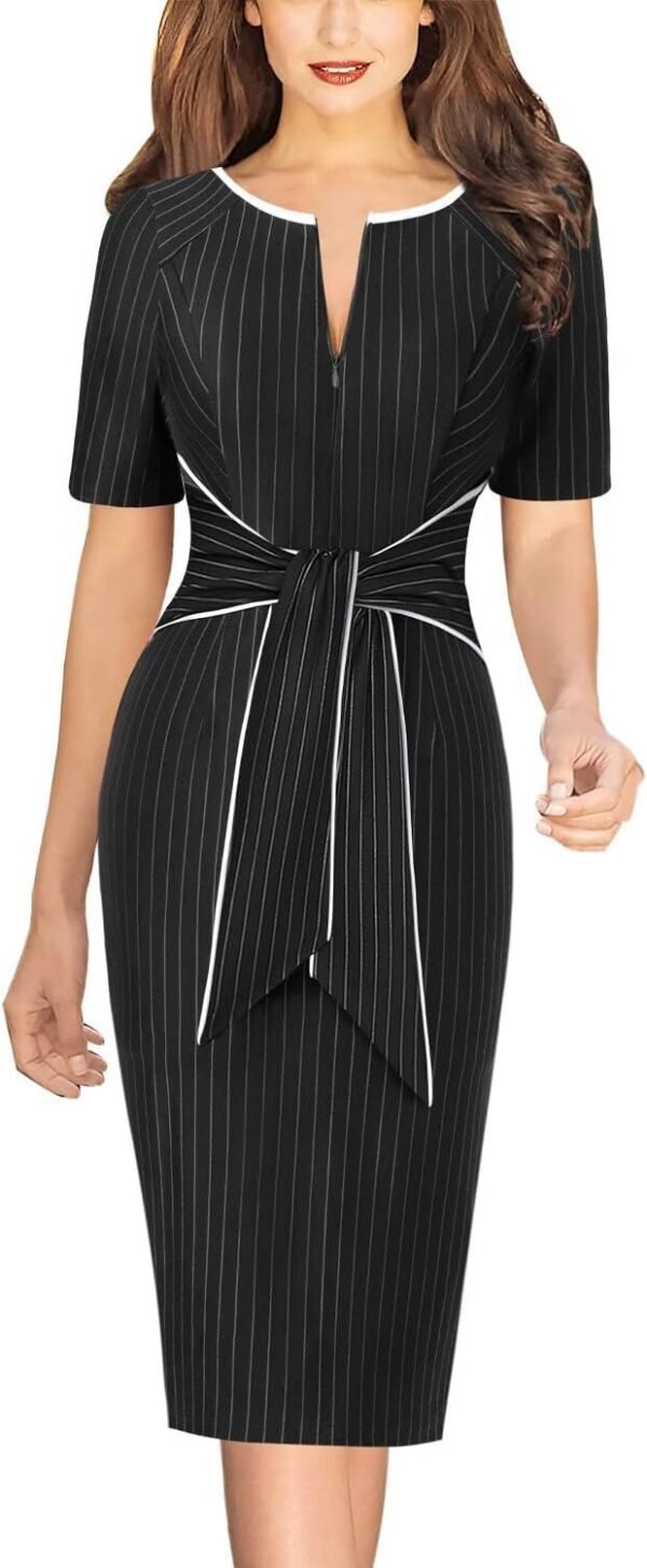 Womens Front Zipper Tie Waist Slim Work Business Office Bodycon Pencil Dress