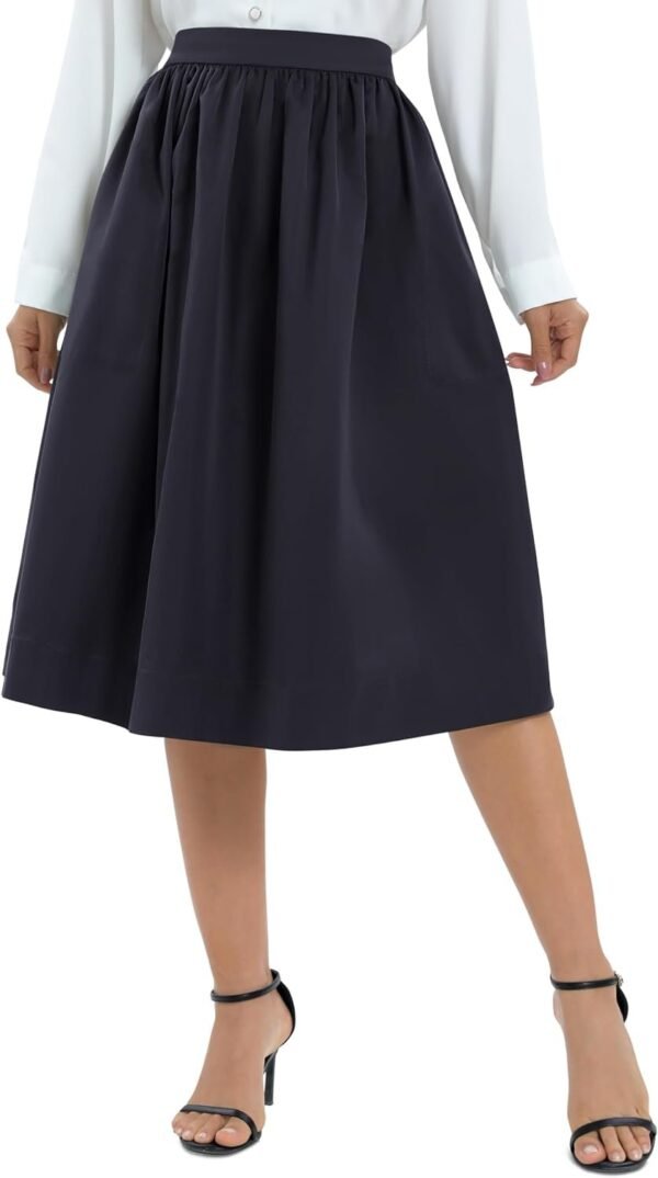 Women's Casual Elastic Waist Vintage A-Line Pleated Flared Midi Skirt with Pockets