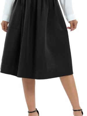Women's Casual Elastic Waist Vintage A-Line Pleated Flared Midi Skirt with Pockets