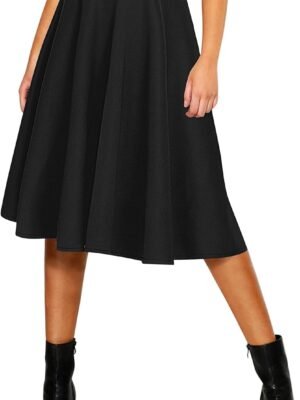 Women's Basic Elastic Waist A-line Solid Flared Midi Skirt