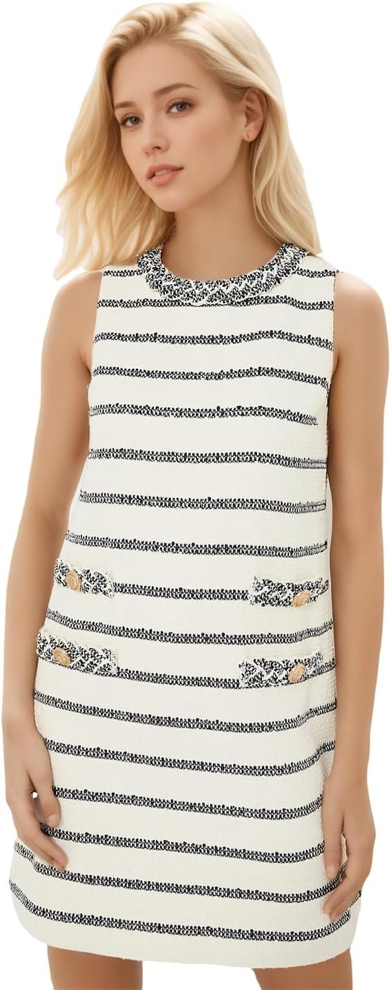 Women's Tweed Jackie Dress Crew Neck Sleeveless Elegant Vintage Button Bodycon A-line Mini Dresses