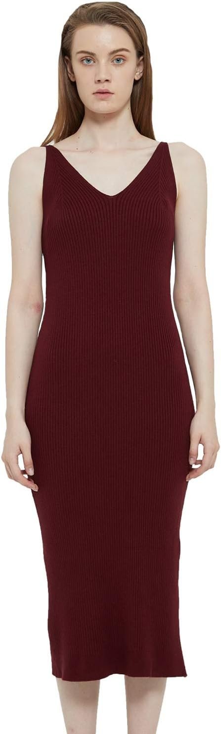 Women's Sleeveless Sweater Dress Knit Slim V Neck Bodycon Midi Stretchable Elasticity Slim Fits