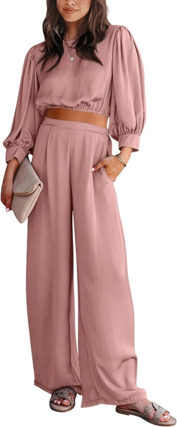 Women's 2 Piece Lounge Set Satin Outfits 2023 Spring Casual Long Puff Sleeve Crop Tops Loose Wide Long Palazzo Pants