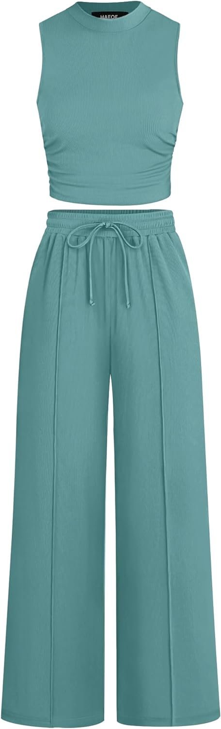 Women's 2024 Lounge Sets 2 Piece Summer Outfits Ribbed Crop Tank Tops Elastic High Waist Wide Leg Pants Matching Set