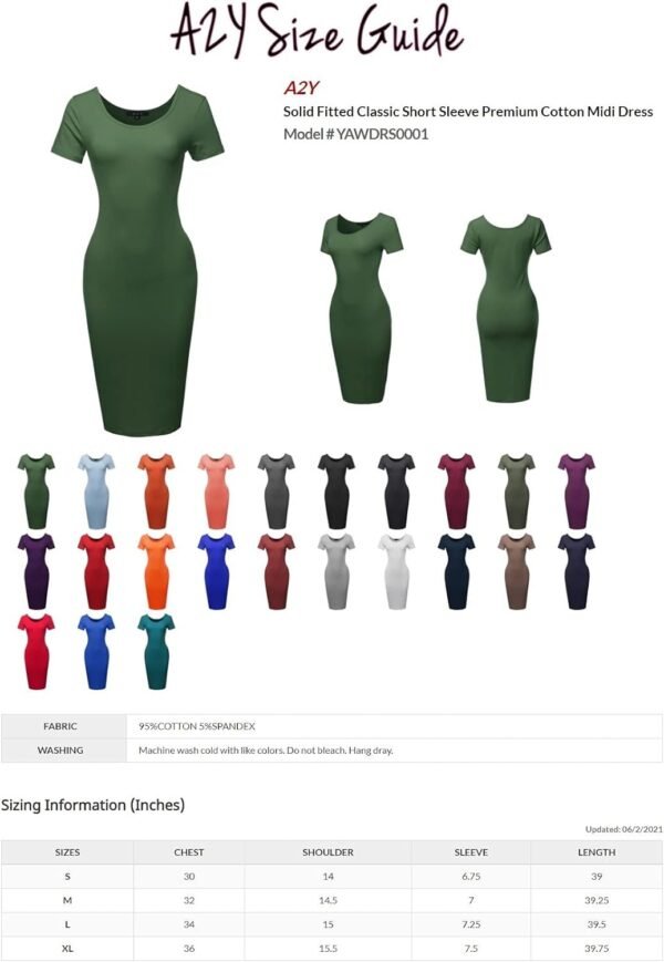 Women's Solid Fitted Classic Short Sleeve Premium Cotton Midi Dress