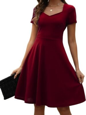 Women's Elegant Vintage Summer Sweetheart Neck Short Sleeve Casual Work Party Business A-Line Dress 163