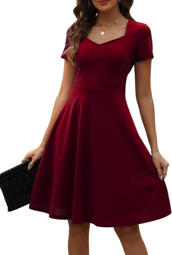 Women's Elegant Vintage Summer Sweetheart Neck Short Sleeve Casual Work Party Business A-Line Dress 163