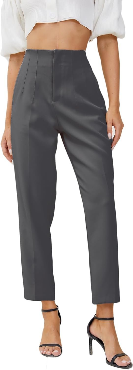 Women's High Waisted Business Trousers Straight Leg Pleated Office Slacks Pants