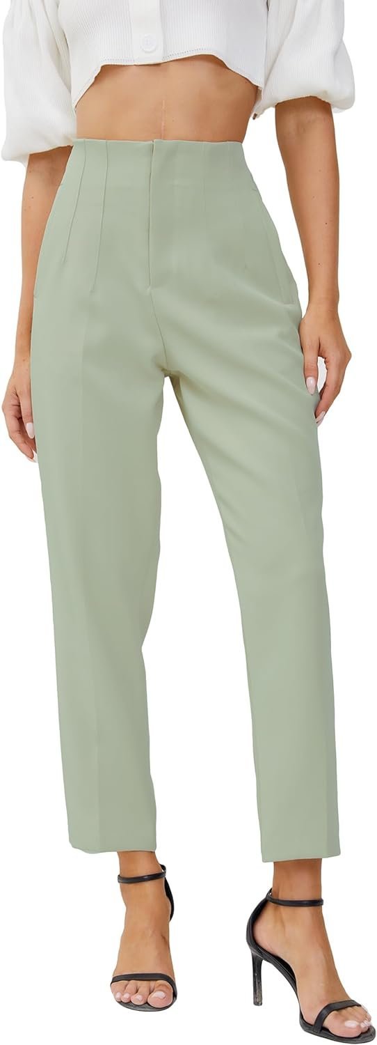 Women's High Waisted Business Trousers Straight Leg Pleated Office Slacks Pants