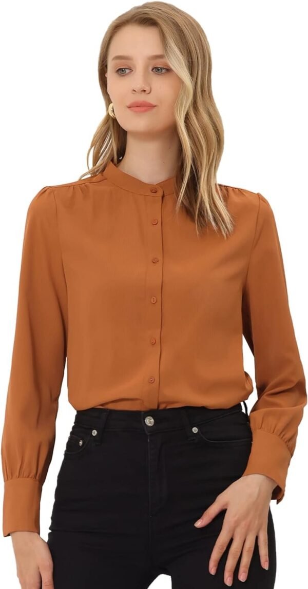 Women's Mandarin Collar Office Top Long Sleeve Button Down Shirt
